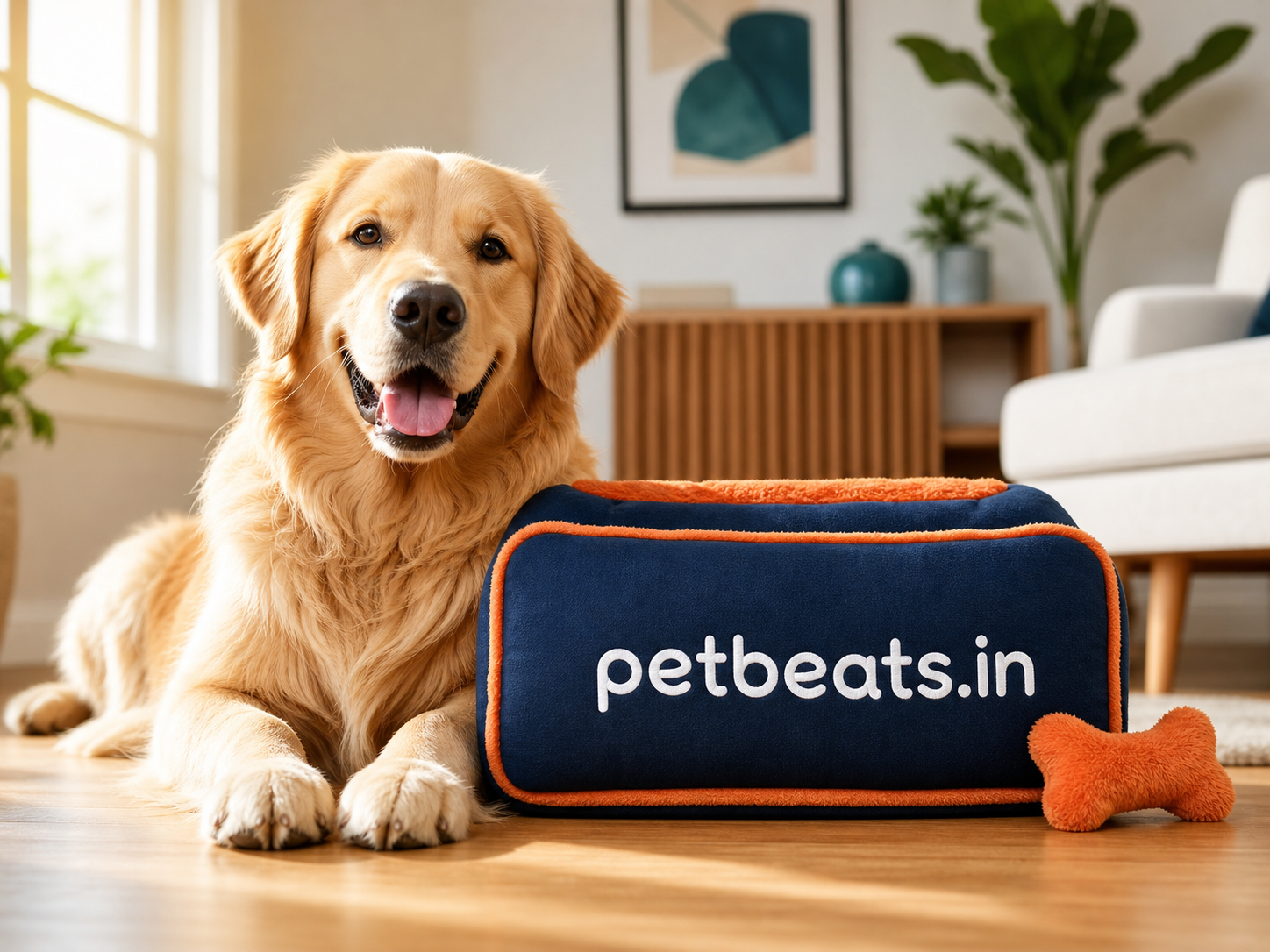 Dog beside PetBeats branded comfort bed