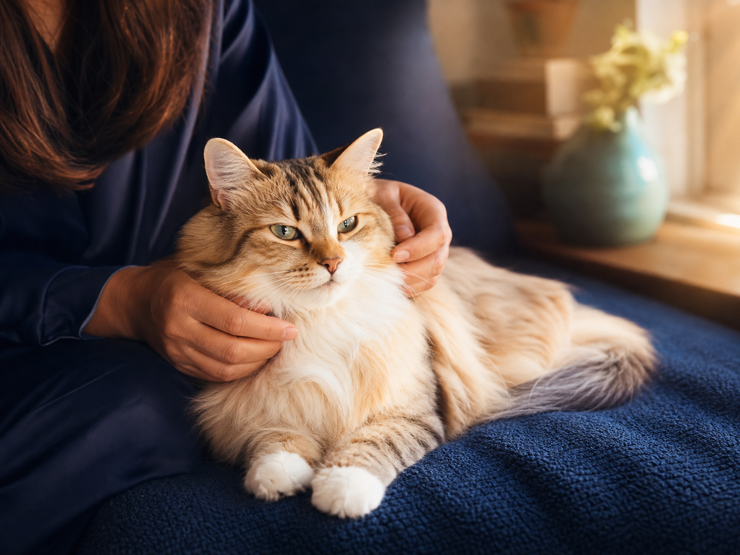 Calm cat receiving gentle care